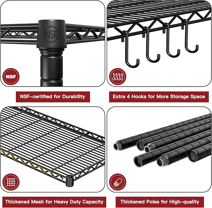 PrimeZone 4 Pack 5 Tier Wire Shelving Rack Storage Shelves with Wheels,Adjustable Rolling Heavy Duty Metal Shelving Unit,Utility Shelf for Kitchen Garage Closet Pantry 36" W x 14" D x 74" H