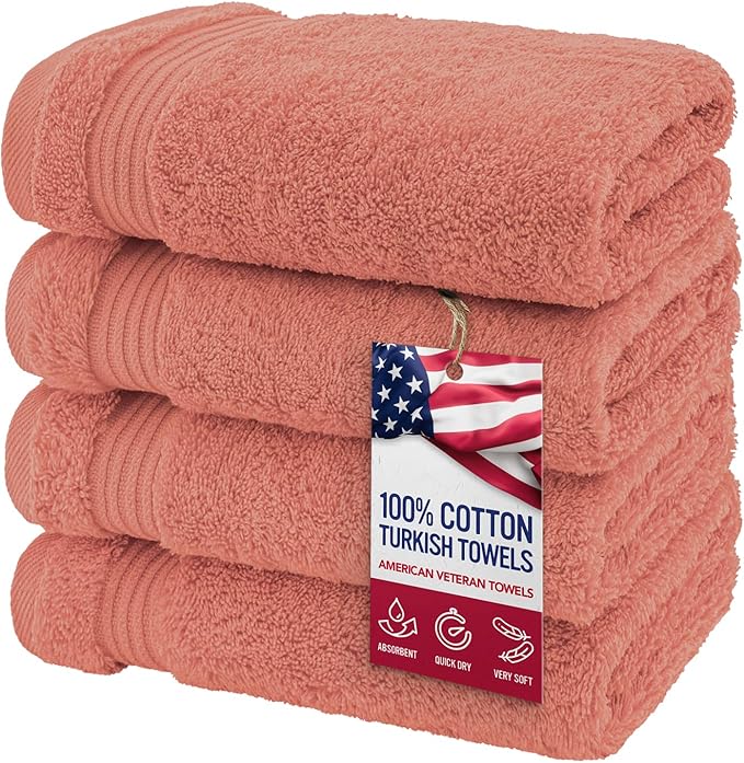 American Veteran Towel, Hand Towels for Bathroom Set of 4, 100% Cotton Turkish Hand Towel Sets Clearance Prime, Soft Drying Hand Face Towels, Coral Hand Towels