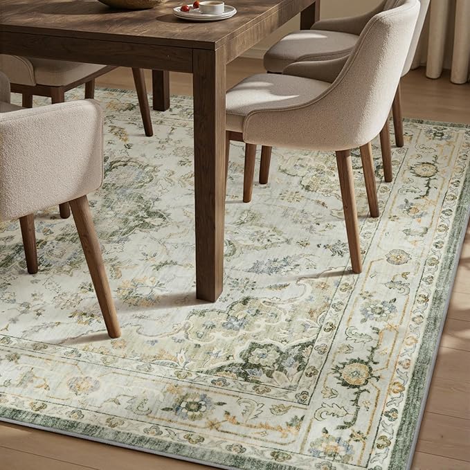 PADOOR-Vintage Area Rug 9X12 Rugs for Living Room-Soft Green Rugs for Bedroom-Machine Washable Rug Non Slip Carpet-Rug for Dining Room Living Room Bedside Office