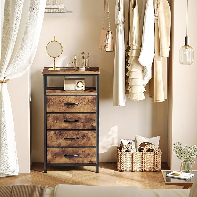 Huuger Night Stand with Charging Station, 4 Drawer Dresser for Bedroom, Bedside Table, 33.9 Inch Tall Nightstand with Open Shelf, End Table, for Closet, Entryway, Bedroom, Rustic Brown