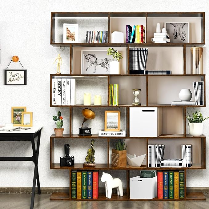 Tangkula 6-Tier Geometric Bookcase, Modern S-Shaped Storage Display Bookshelf for Living Room, Anti-Toppling Device, Home Office Wooden 6 Shelf Open Bookcase (1, Coffee)