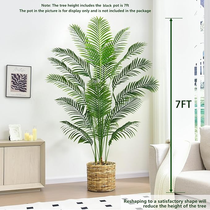 Artificial Palm Tree Artificia Plants Indoor Fake Trees Tropical Fake Plam Tree Floor Plant in Pot with Trunks & Real Bark Design Faux Palm Plant for Outdoor Home Room Decor (Black, 7FT)