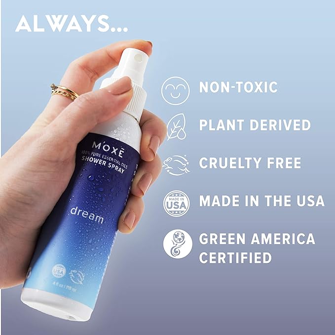 MOXĒ Dream Lavender & Chamomile Shower Mist, Spa Steam Spray, Certified Natural Essential Oils, Aromatherapy, Tension Relief, USA Made, 4 Ounces