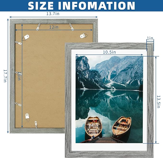 12x16 Picture Frame Set of 2, Rustic Grey Wood Style - Display 12 x 16 Poster without Mat or 11x14 Picture with Mat, Wall Mounting Horizontal and Vertical