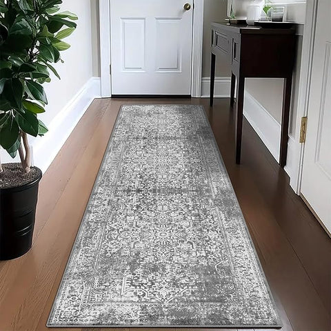 vivorug Grey Runner Rug 2x10 Machine Washable Rug with Non-Slip Backing, Ideal for Kitchen Hallway Entryway Laundry Room - Vintage, Durable, Easy Clean, Low Pile Carpet Runner