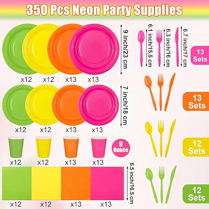 durony 350 Pieces Neon Party Supplies Paper Plates Serve 50 Guests 7 Inch 9 Inch Dinner Plates Napkins Paper Cups Cutlery Bright Color Disposable Glow Party Tableware for Fiesta Neon Birthday