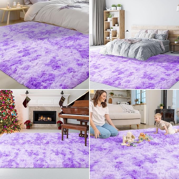 Area Rugs for Bedroom Living Room, 4x6 Soft Large Fluffy Fuzzy Shag Plush Furry Carpet, Soft Indoor Floor Mat for Kids Nursery Home Dorm Office Decor Aesthetic, Tie Dyed Purple