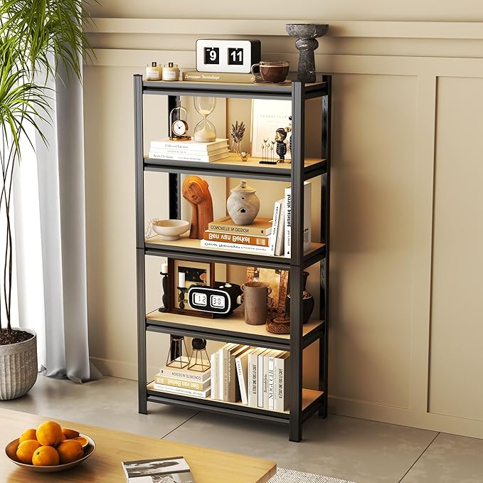 Tall Bookshelf with Open Shelves, Metal and Wood Office Book Shelf, Adjustable Organizer Bookcase, Standing Storage Organizer Shelf for Living Room (29.5" W*11.8" D*57.5" H)