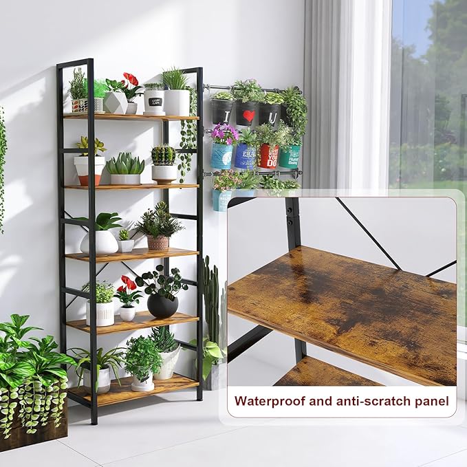 5 Tier Bookshelf Industrial Ladder Shelf Open Display Storage Rack Wood Bookcase with Metal Frame, Freestanding Storage Shelves for Home Office, Living Room, Bedroom, Kitchen (Rust Brown)