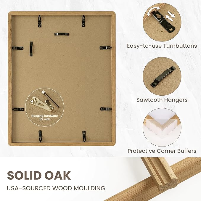 11x14 Picture Frame - Solid Oak Wood Picture Frames with HD Tempered Glass, Handcrafted Rounded Corner 11 x 14 Wooden Frame Matted to 8x10 Photos, Horizontal or Vertical Wall Display, 1 Pack