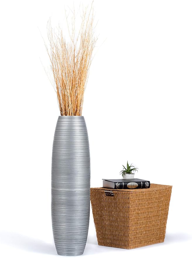 Leewadee Large Silver Home Decor Floor Vase – Wooden 34 inches Tall Farmhouse Decor Flower Holder for Fake Plant and Pampas Grass