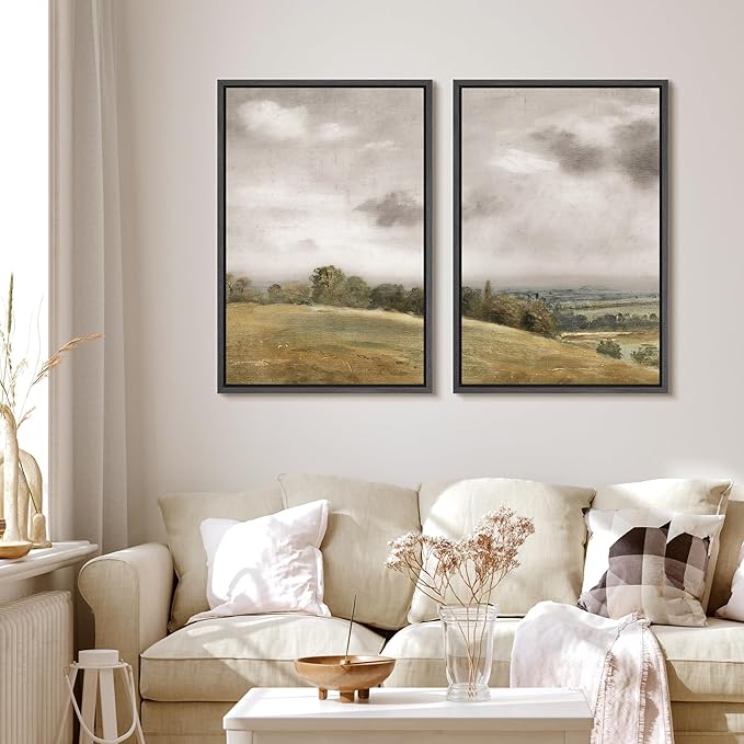 MUDECOR Framed Canvas Print Wall Art Gentle Hills and Distant Storm Tranquil Pastoral Nature Wilderness Illustrations Realism Decorative Scenic for Living Room, Bedroom, Office - 16"x24"x2 Black