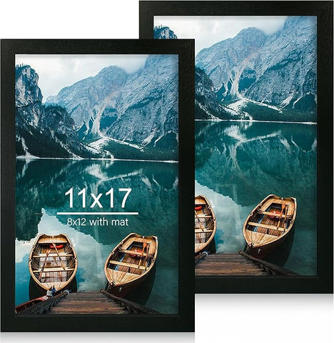 11x17 Frame Set of 2, Rustic Black Wood Style - Display 11 x 17 Poster without Mat or 8x12 Picture with Mat, Wall Mounting Horizontal and Vertical