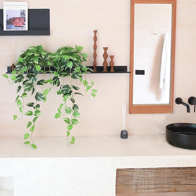 Fake Pothos Hanging Plants - Set of 2 Artificial Silk Ivy Vines with Pots, Realistic Faux Greenery for Indoor Home Decor, Low Maintenance Hanging Plant Decoration (Golden Green)