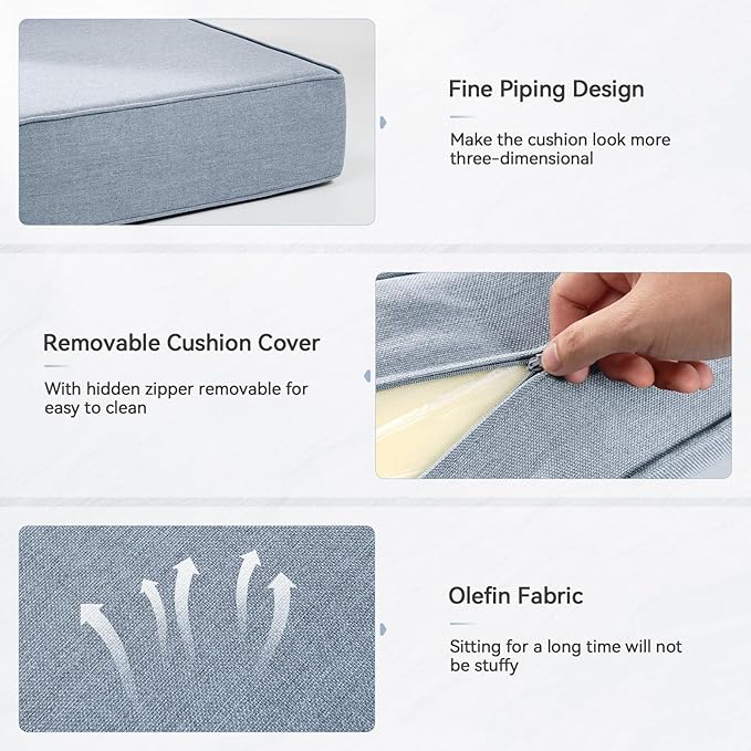 Luxury 6" Outdoor Cushions for Patio Furniture, 24x24x6 Thick Seat Cushion Set of 3, Fade Resistant Couch Chair Replacement Cushions High Density Wicker Chair Cushion w/Removable Cover Baby Blue