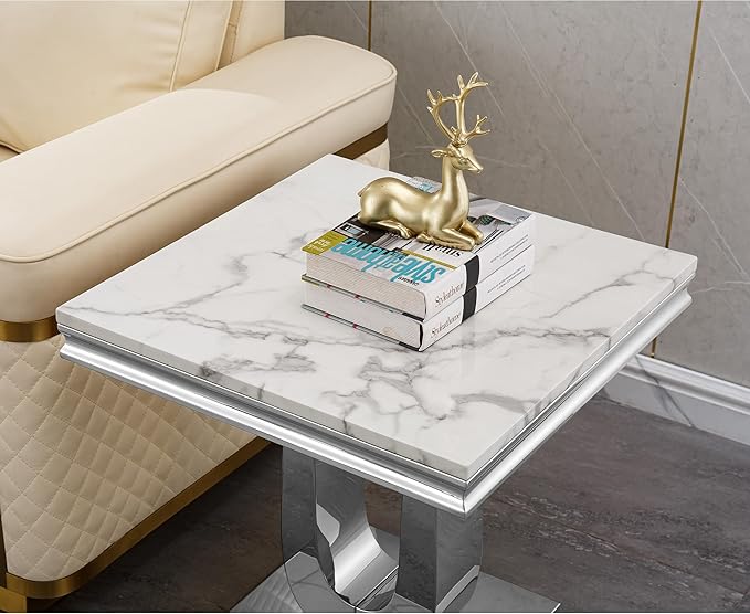 SSLine Modern White Faux Marble End Table Luxury Square Sofa Side Table with Silver Pedestal Base Mid-Century Elegant Bedside Table w/Mirrored Stainless Steel Frame for Living Room Bedroom