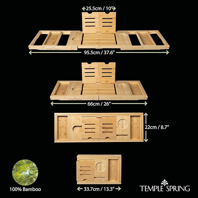 Temple Spring Foldable Bathtub Tray, Unique Design Selfcare Bathroom Caddy, Bamboo Spa Bathroom Tray, Wooden Bathtub Accessories, Wedding Gift/Birthday Gift/New Home Bath Table – Natural