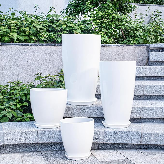 ZMTECH 24/21/12/10" H Large Plastic Planters with Drainage Hole and Saucer -Set of 4 Tall Plant Pots for Indoor & Outdoor Use,White Glossy Smooth Lightweight Flower Pot for Front Porch Patio Deck
