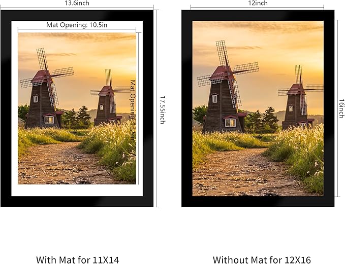 12x16 Picture Frame 5 Pack, Black Poster Frame, Display Pictures 11 x 14 with Mat or 12 x 16 Without Mat for Horizontal or Vertical Wall Mounting, Wall Gallery Frame for Artwork Certificate