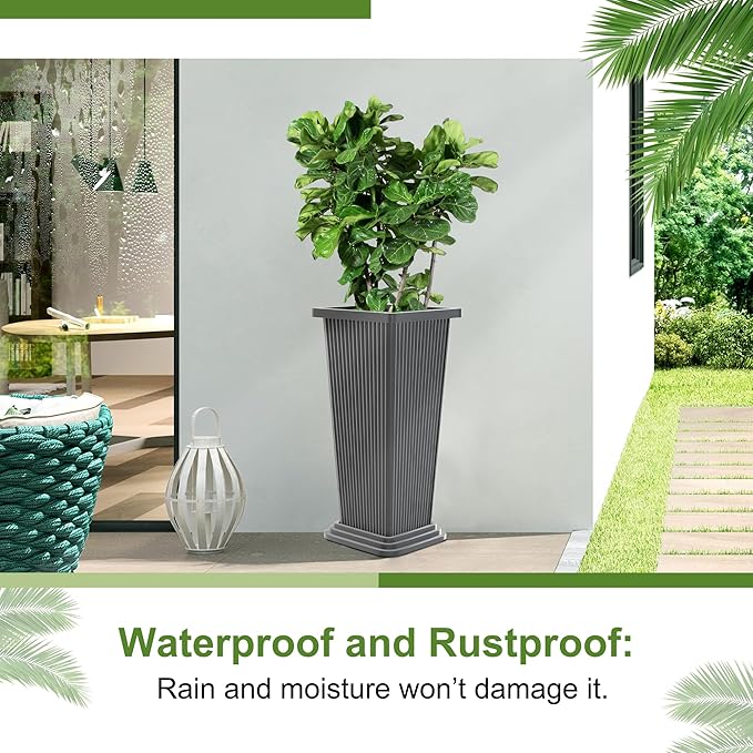 24-Inch Tall Planters Set of 2 for Outdoor and Indoor Use,Tapered Flower Pots with Drainage Tray, Front Porch and Patio Decor,Ideal for Large Plants (Stripes-Grey)