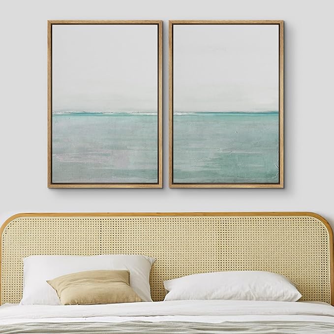 MUDECOR Framed Canvas Print Wall Art Set Teal Watercolor Paint Strokes Abstract Shapes Illustrations Modern Art Decorative Bohemian Calm/Zen for Living Room, Bedroom, Office - 24"x36"x2 Natural