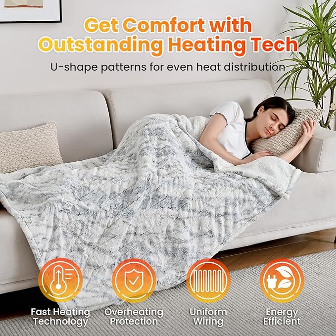 WOOMER Electric Heated Throw Blanket 50"x 60", Reversible Super Cozy Faux Fur&Sherpa, Fast Heating,4 Heating Levels & 4H Auto Off, Machine Washable, Overheat Protection,Gift