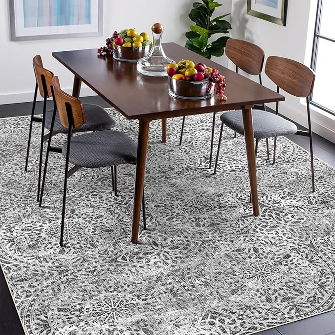 vivorug 5x7 Area Rugs - Ultra-Thin Washable Rug with Non-Slip Backing, Ideal for Living Room, Bedroom, Kitchen Floor Carpet - Vintage Medallion, Easy Clean, Durable, Grey