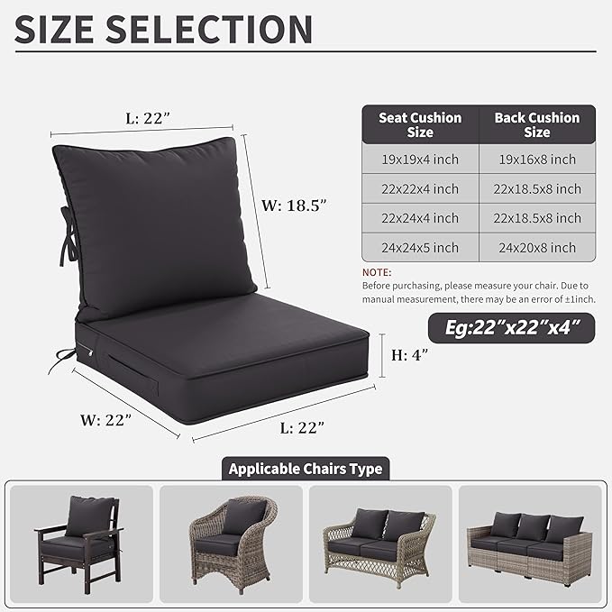 Premium Outdoor Seat Cushion Chair Cushions for Patio Furniture 22 L X 22 W X 4 H Waterproof & Fade Resistant Deep Seat and Backrest Cushion Set with Removable Covers for Chair, Sofa