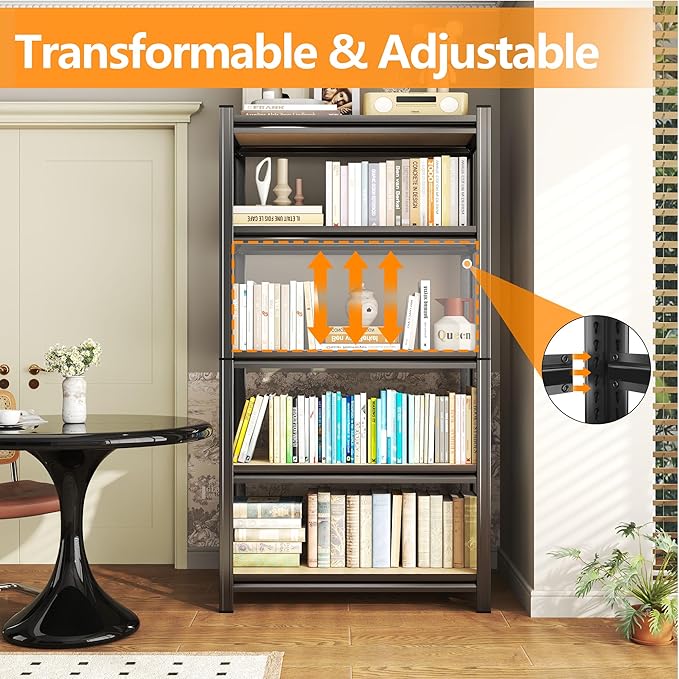 Tall Bookshelf with Open Shelves, Metal and Wood Office Book Shelf, Adjustable Organizer Bookcase, Standing Storage Organizer Shelf for Living Room (29.5" W*11.8" D*57.5" H)