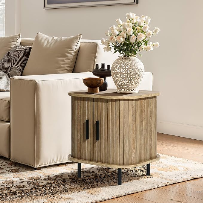 LuxenHome Mid Century Modern Nightstand with Storage, Small Fluted Nightstand with Sliding Door, Boho Bedside Table with Curved Edge, Oak Night Stand, Side Tables Bedroom