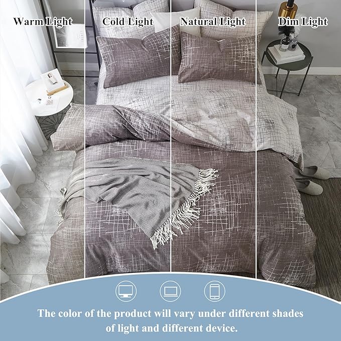 VM VOUGEMARKET Abstract Duvet Cover Queen,100% Cotton Brown Gray Reversible Duvet Cover Set for Men,Teens,Minimalism Modern Bedding Set-Queen,Artwork