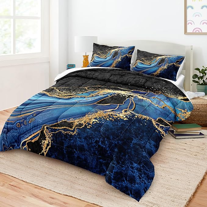 Black Gold Comforter Set King Size Blue Marble Bedding Comforter Ocean Blue River Mrable Abstract Bedding Watercolor Glitter Comforter Set with 2 Modern Pillowcases