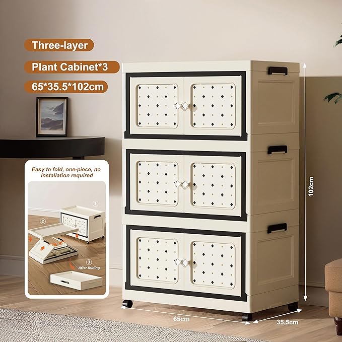 Lockable Storage Bins with Lids, Folding Storage box with Doors and Wheels, Collapsible Plastic Storage Bins for Closets, Stackable Storage Organizer, Storage Containers (Printed, 3-Tier)