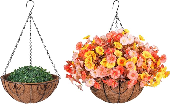 Artificial Fake Hanging Flowers with Basket for Fall Decoration, 12 Bundles Faux Silk Morning Glory Plants for Outdoor Planters, Realistic UV Resistant Artificial Flowers for Outside Porch Garden