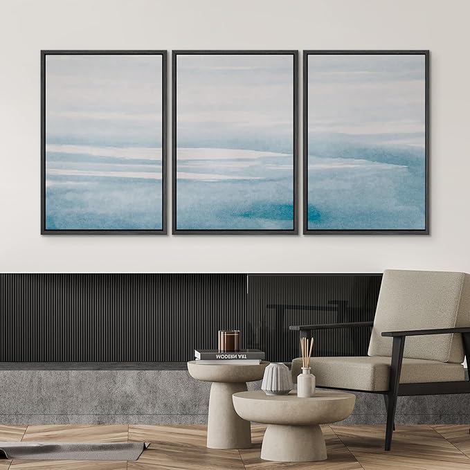 SIGNWIN 3 Piece Framed Canvas Wall Art Blue Sky Watercolor Nature Wilderness Illustrations Abstract Traditional Relax/Calm Home Artwork Decoration for Living Room,Bedroom - 16"x24"x3 Black