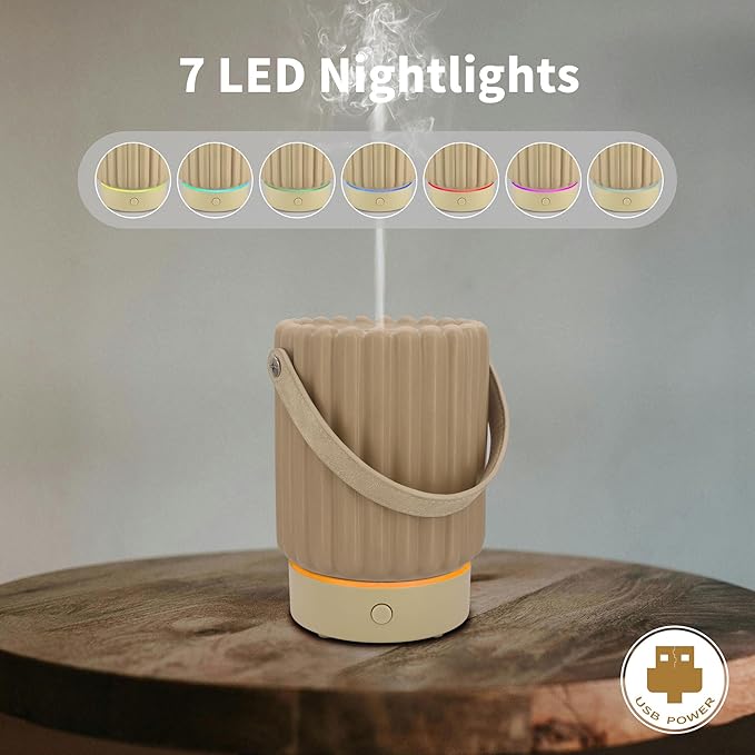 Essential Oil Diffuser - Multifunction Aromatherapy Diffuser 7 LED Color Changing Light 100ML Ceramic Diffuser Easy to Clean Suitable for Home,Office(Beige)