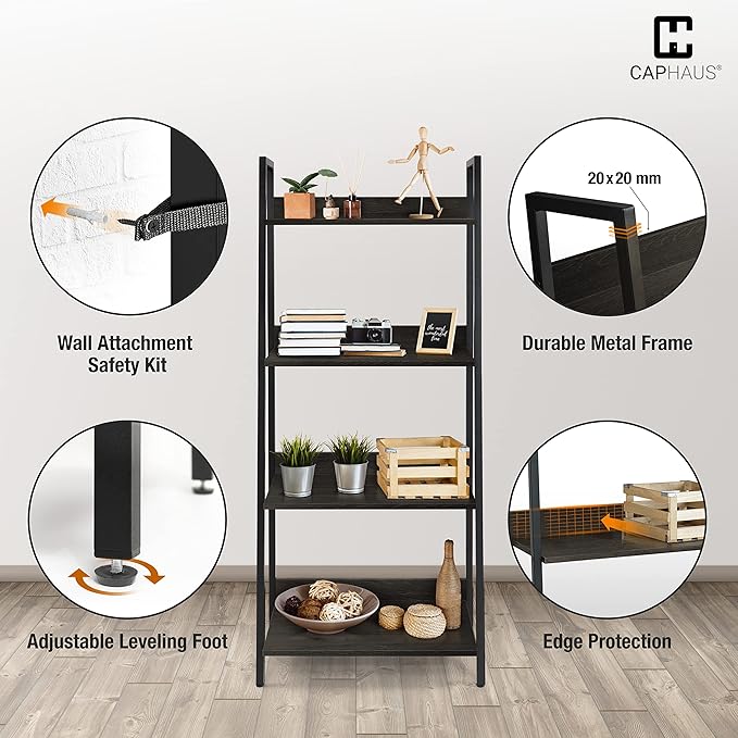 CAPHAUS 4 Tier Ladder Bookshelf, 24 Inch Width Free Standing Shelf, Bookcase Shelf Storage Rack Organizer, Industrial Book Shelves for Home Office, Living Room, Kitchen, Black Wooden Shelves
