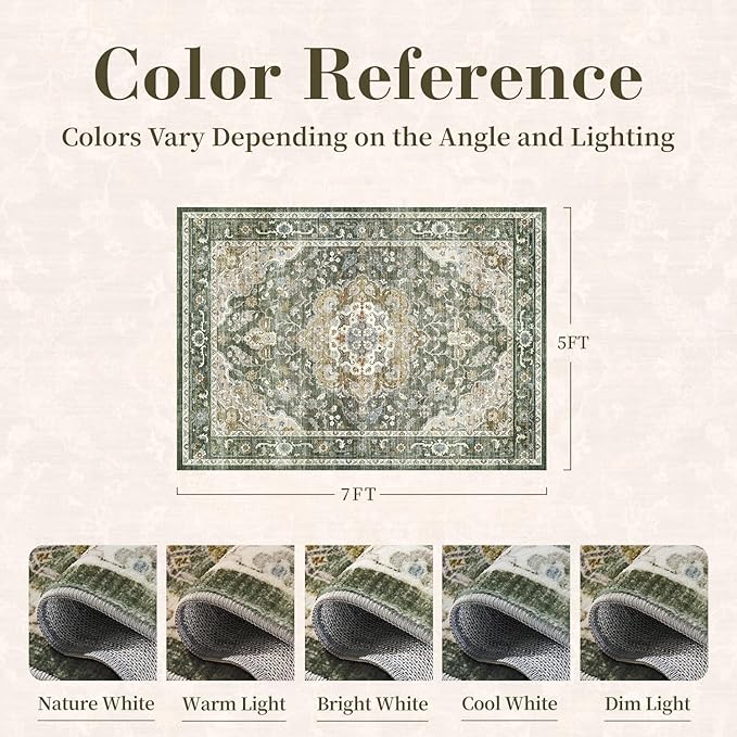 PADOOR-Vintage Area Rug 5X7 Rugs for Living Room-Soft Olive Green Rugs for Bedroom-Machine Washable Rugs Non Slip Carpet-Rug for Dining Room Living Room Bedside Office