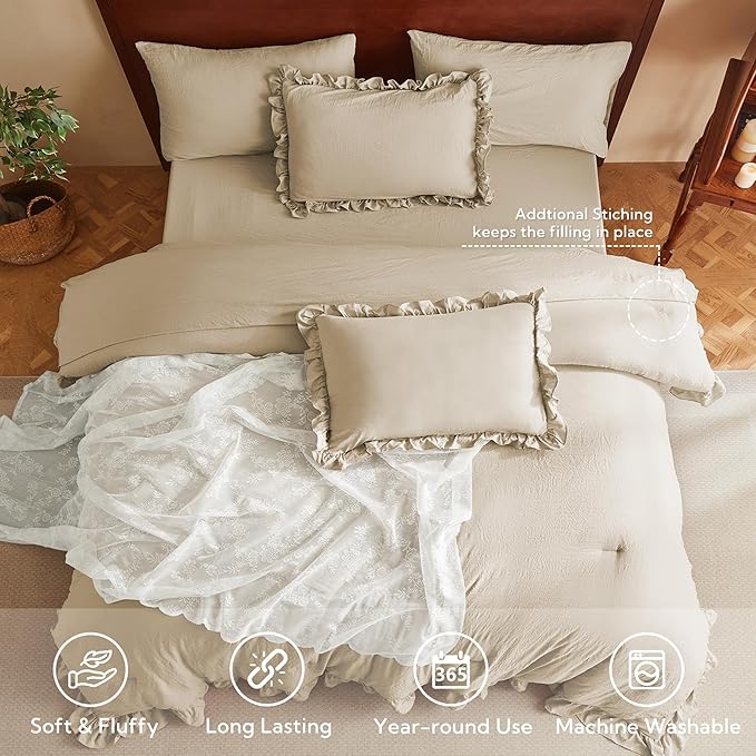MR&HM Full Ruffle Comforter Set Linen, Farmhouse Shabby Chic Bedding Comforter Set, Boho Bed in a Bag Set 7 Pieces with 1 Comforter, 1 Flat Sheet, 1 Fitted Sheet, 2 Pillowcases & 2 Pillow Shams