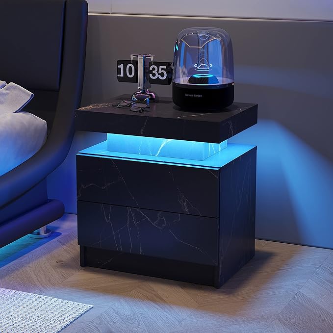 LED Nightstands Set of 2, Modern End Side Table with 2 Drawers, LED Bedroom Furniture for Bedroom and Living Room, Black Marble Pattern