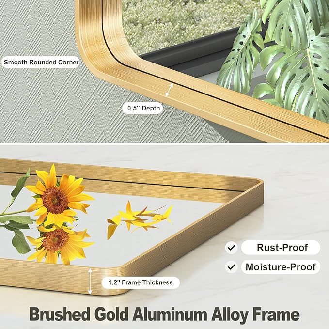 20x30 Inch Gold Framed Bathroom Mirror, Rectangle Brushed Gold Metal Vanity Mirror, Gold Mirror for Wall, Rounded Corner, Tempered Glass, Anti-Rust, Shatterproof (Horizontal/Vertical)