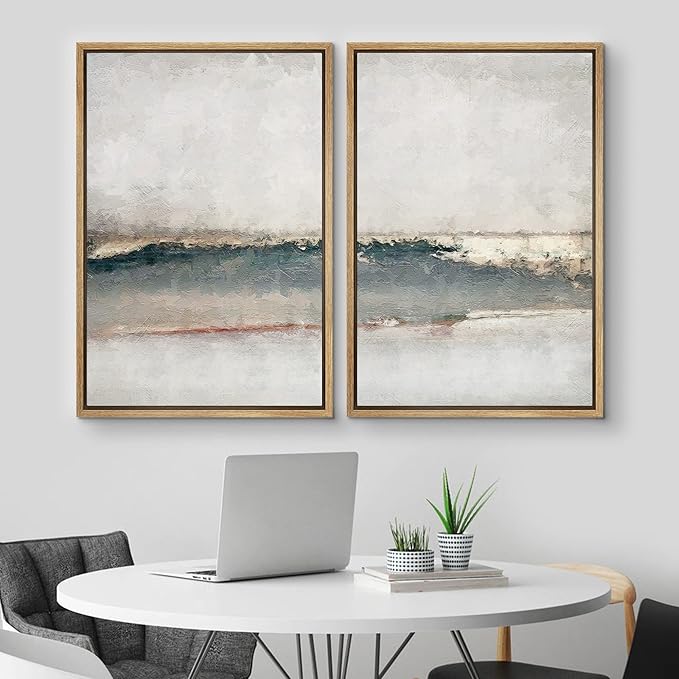 MUDECOR Framed Canvas Print Wall Art Set Watercolor Pastel Gray Teal Landscape Abstract Shapes Illustrations Modern Art Decorative Contemporary for Living Room, Bedroom, Office - 24"x36"x2 Natural