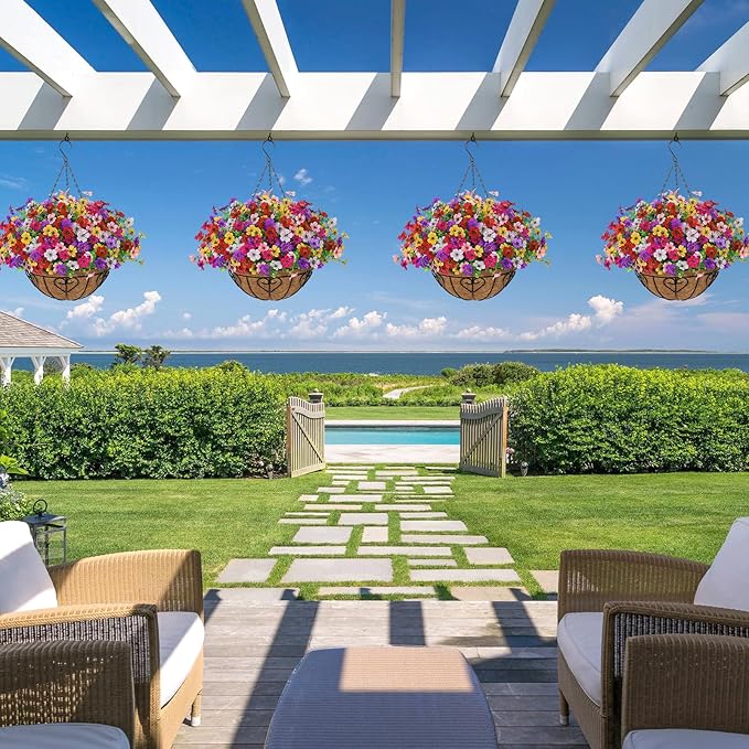 Alynsehom 2 Set Artificial Flowers with Hanging Basket, 2 Outdoor Hanging Plants with 24pcs Faux UV Resistant Fake Silk Azalea in Baskets for Porch Garden Patio Balcony Yard Home Decor(6 Colors)