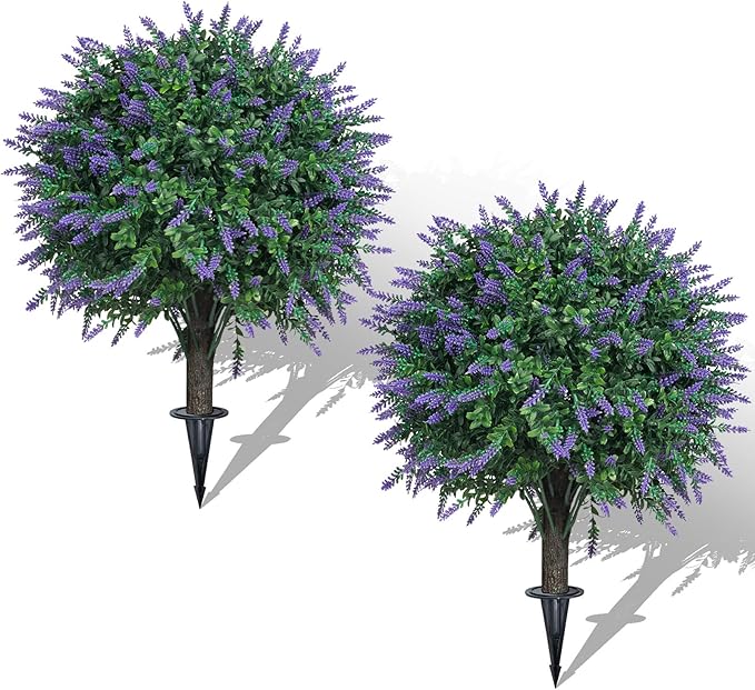 Set of 2 Artificial Lavender Boxwood Topiary Ball Bush for Outdoor with Ground Spike 22", UV Resistant Faux Greenery Shrubs, Fake Boxwood Plants for Indoor, Garden, Yard, Porch, Patio Decor