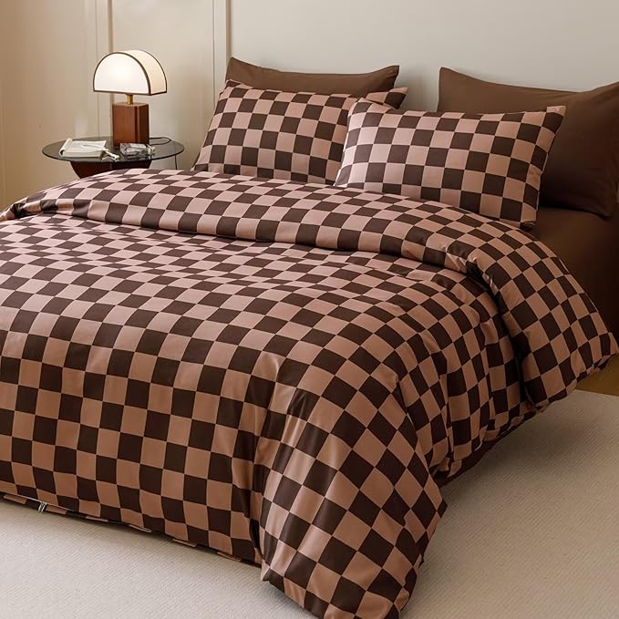 Luxlovery Brown Plaid Comforter Set Queen Coffee Grid Bedding Comforter Set Women Men Queen Size Soft Breathable Blanket Quilts Dark Brown Geometric 3pcs Bedding Set for Full Bed