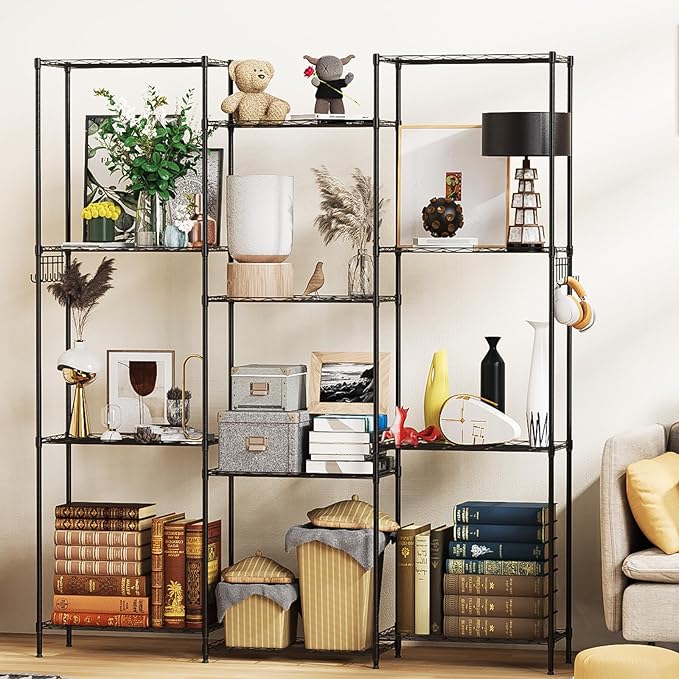 Homdox 6-Tier Storage Shelf Wire Shelving Unit Free Standing Rack Organization Adjustable Leveling Feet, Stainless Side Hooks, Black
