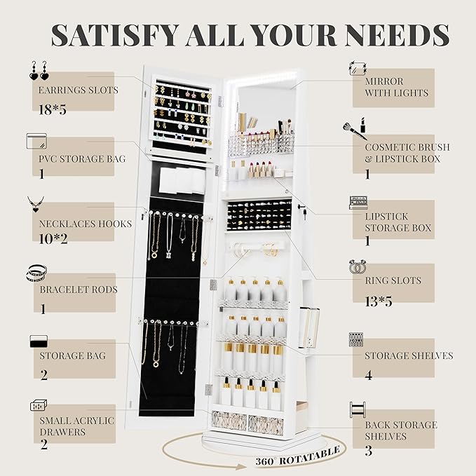 Mirror Jewelry Cabinet Standing, 360° Swivel Jewelry Armoire with LED Lights, Lockable Jewelry Organizer with Full-Length Mirror for Wonen, White