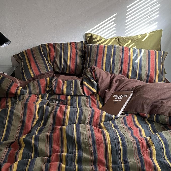 VM VOUGEMARKET Multicolor Striped Duvet Cover Queen Size Washed Cotton Jacquard Stripes Bedding Duvet Cover Set - Cozy Stylish Bedding for Men & Women