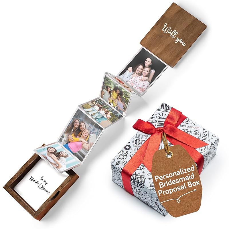 udelf Personalized Wooden Photo Box Gift with Accordion Picture Pull Out | Custom Photo Album Box | Picture Box Gift for Bridesmaid and Maid of Honor Proposal I Holds 14 Photo Prints, 3"x2"