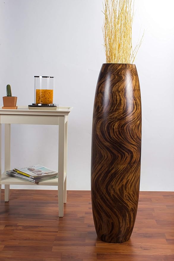 Leewadee Large Brown Light Brown Home Decor Floor Vase – Wooden 34 inches Tall Farmhouse Decor Flower Holder for Fake Plant and Pampas Grass